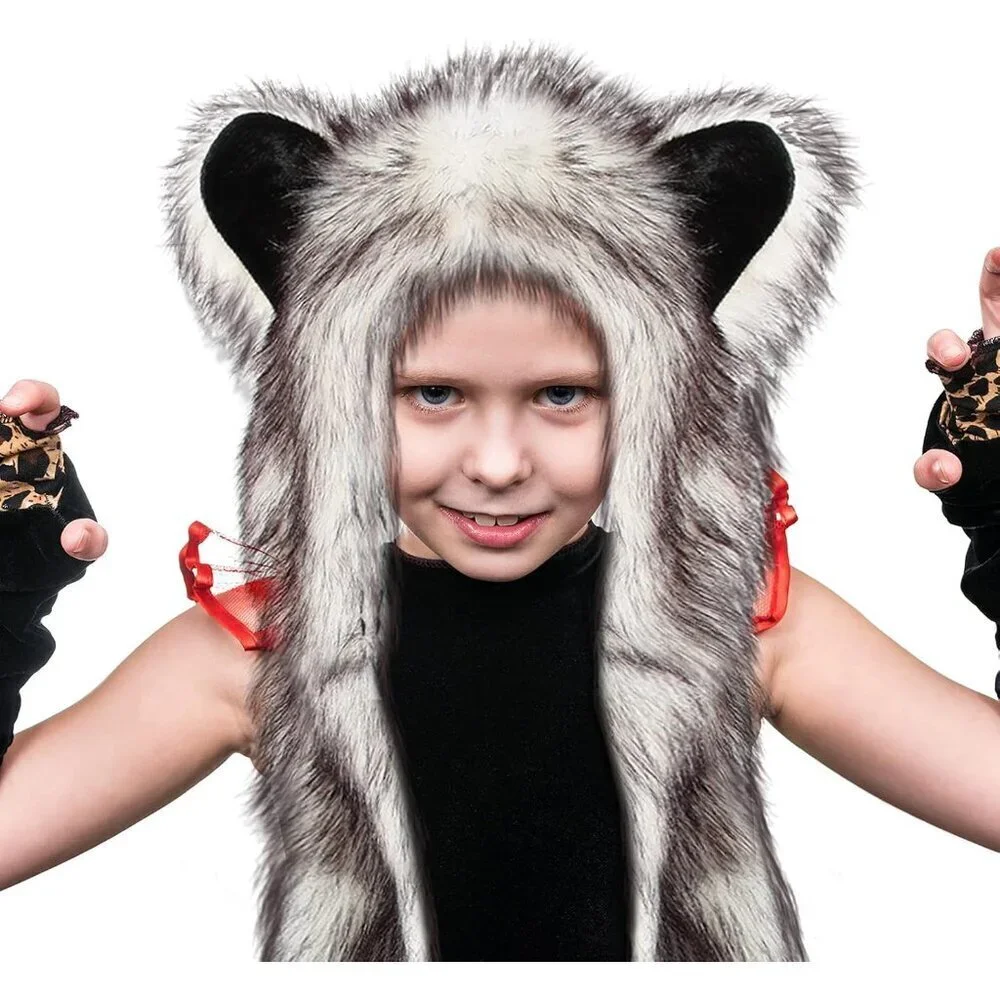 Faux Fur Wolf Hood Hat Scarf Mittens Winter Animal Accessories Unisex